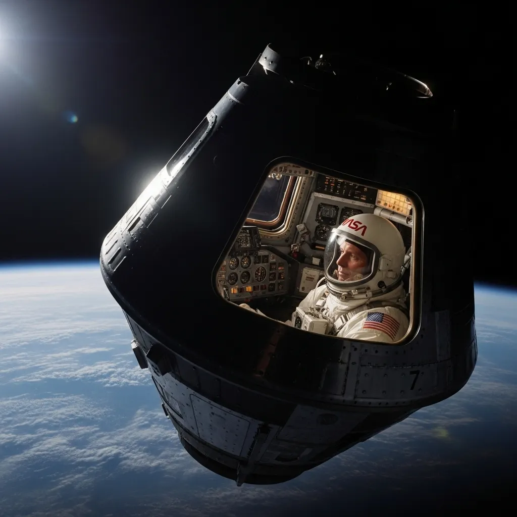 Apollo 13 मोहिमेपूर्वी Jim Lovell स्पेससूटमध्ये आत्मविश्वासाने हसताना.