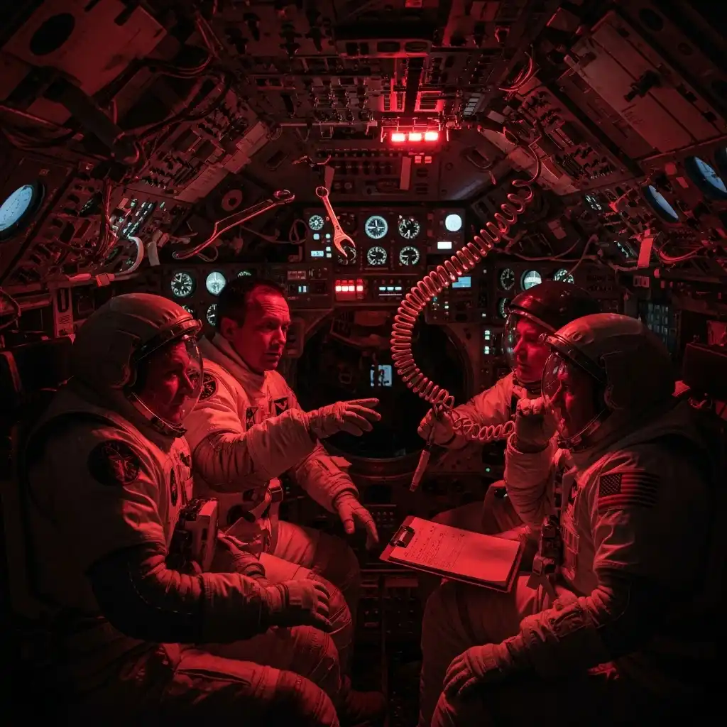 Jim Lovell wearing his Apollo 13 mission control suit, smiling confidently before launch.