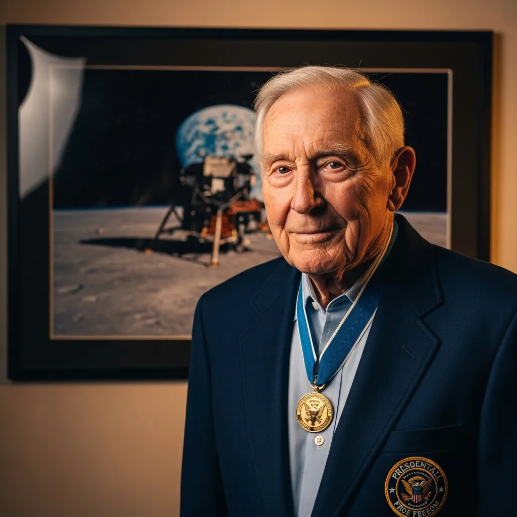 Apollo 13 मोहिमेपूर्वी Jim Lovell स्पेससूटमध्ये आत्मविश्वासाने हसताना.