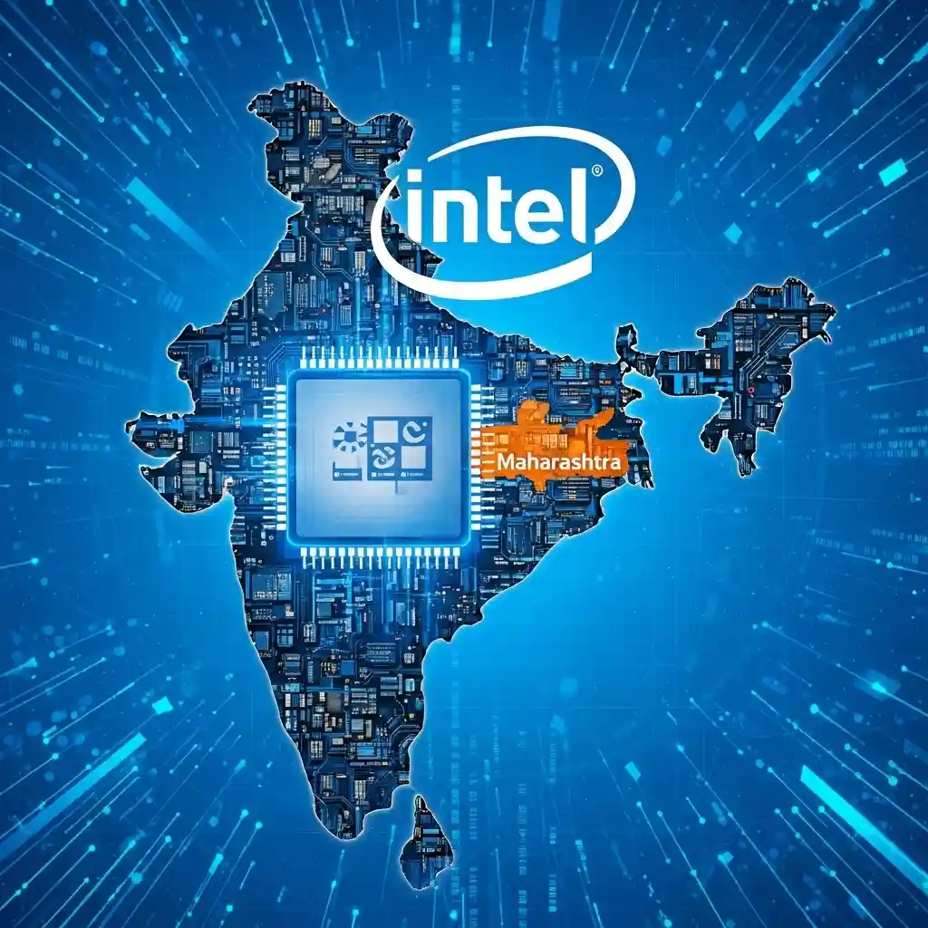 Intel logo with microchip and Maharashtra map in background