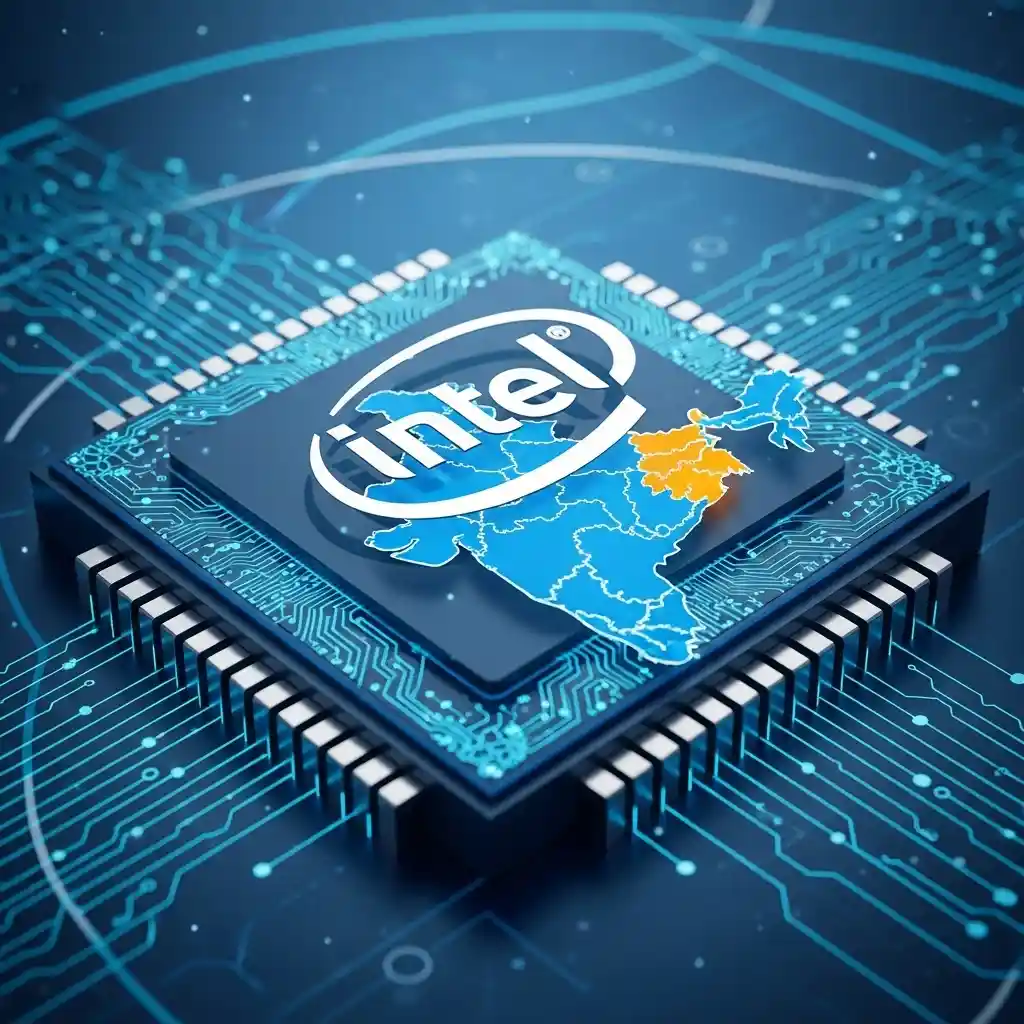 Intel logo with microchip and Maharashtra map in background