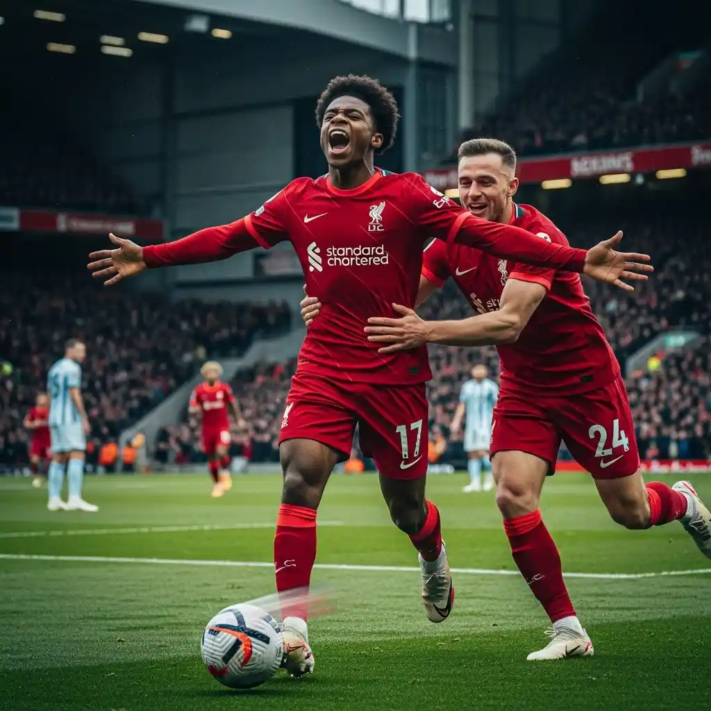 Liverpool’s Rio Ngumoha celebrates after scoring in pre-season friendly vs Athletic Club at Anfield – August 2025
