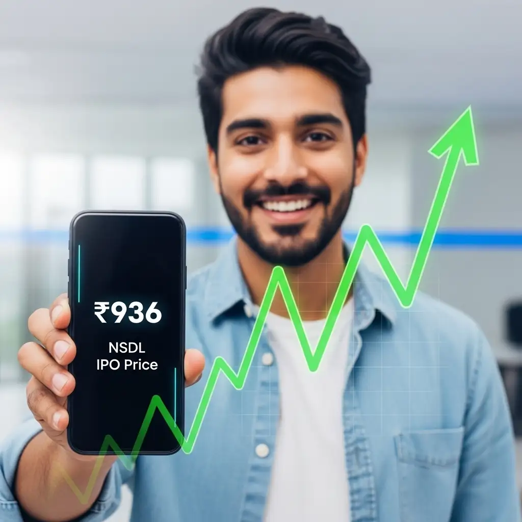 Investor celebrating NSDL IPO ₹936 price on stock screen with upward trend graph