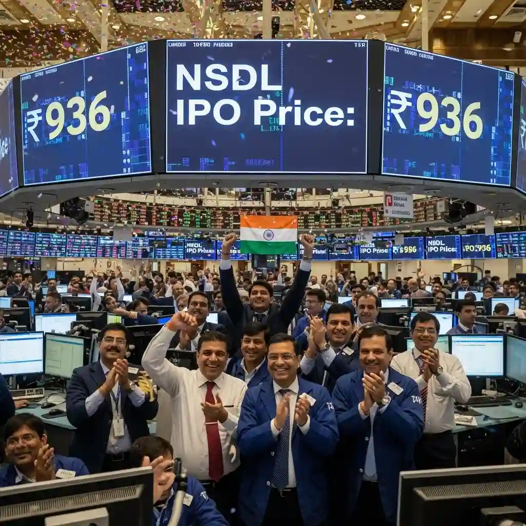Investor celebrating NSDL IPO ₹936 price on stock screen with upward trend graph