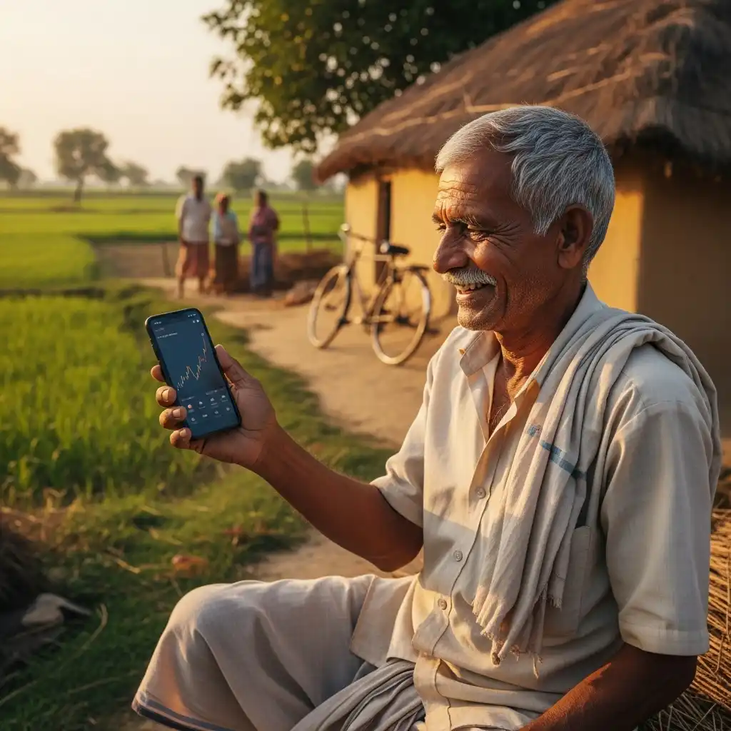 Investor celebrating NSDL IPO ₹936 price on stock screen with upward trend graph