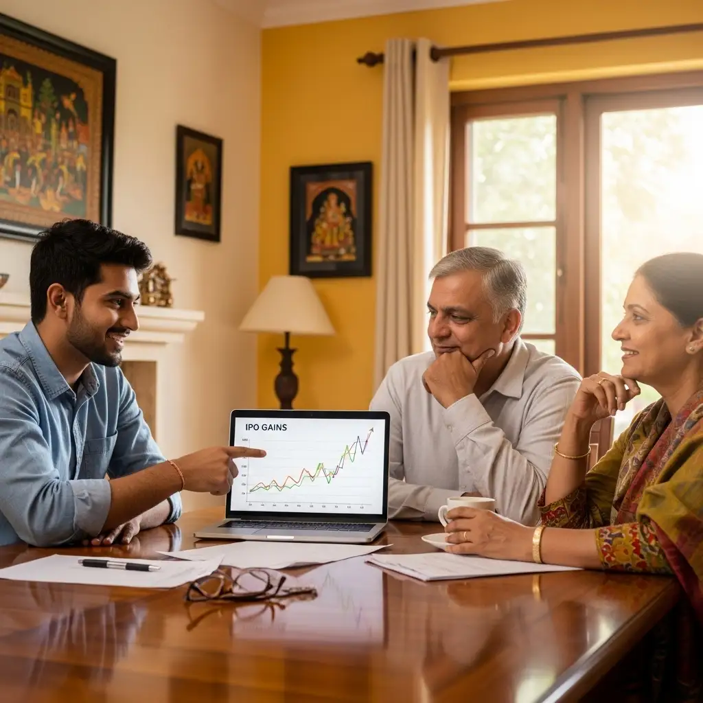 Investor celebrating NSDL IPO ₹936 price on stock screen with upward trend graph