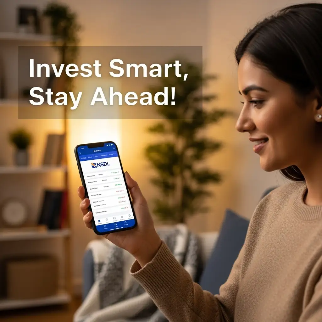 Woman learning about NSDL IPO from smartphone in Marathi context