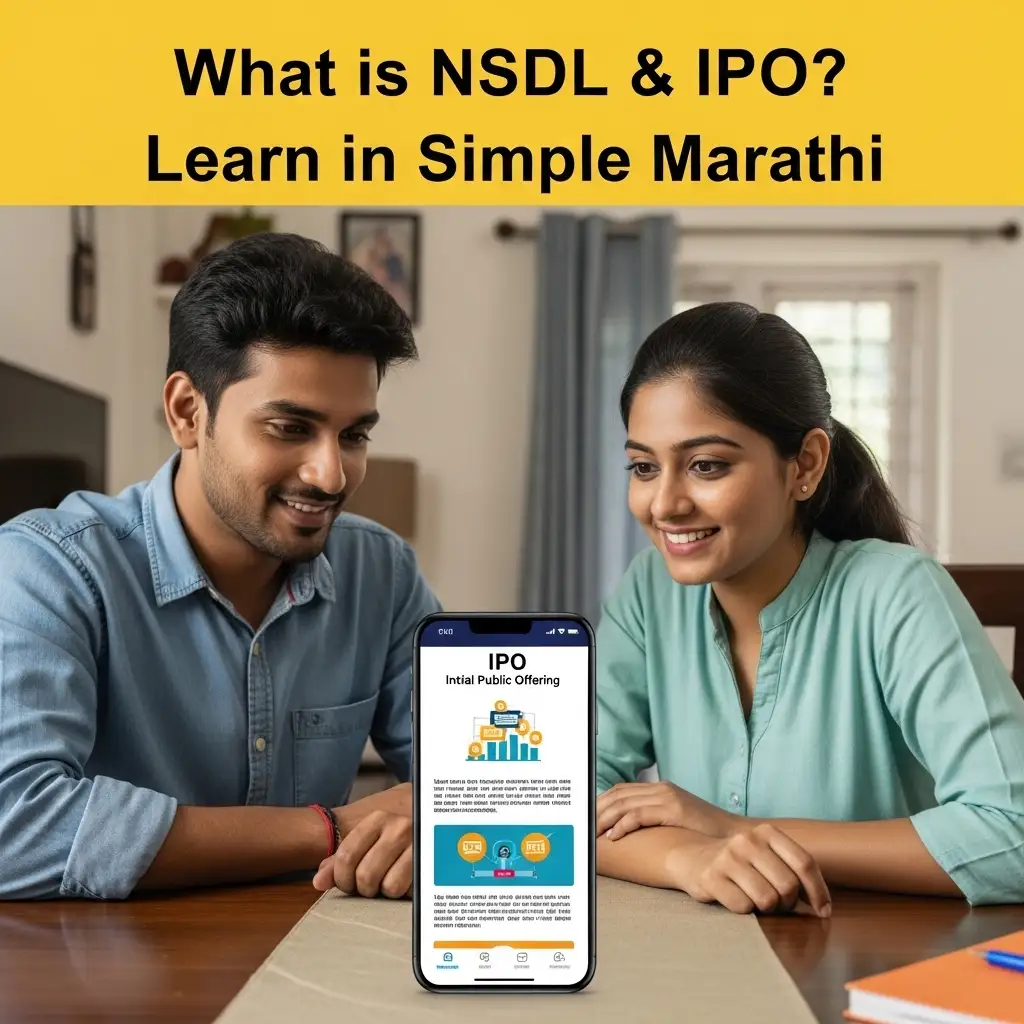 Woman learning about NSDL IPO from smartphone in Marathi context