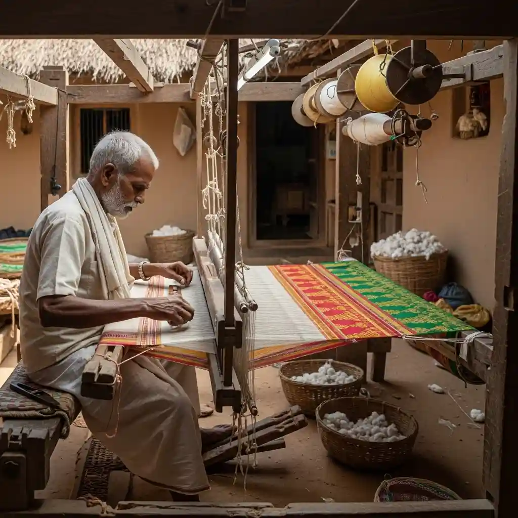 Handloom weaver in India with traditional saree