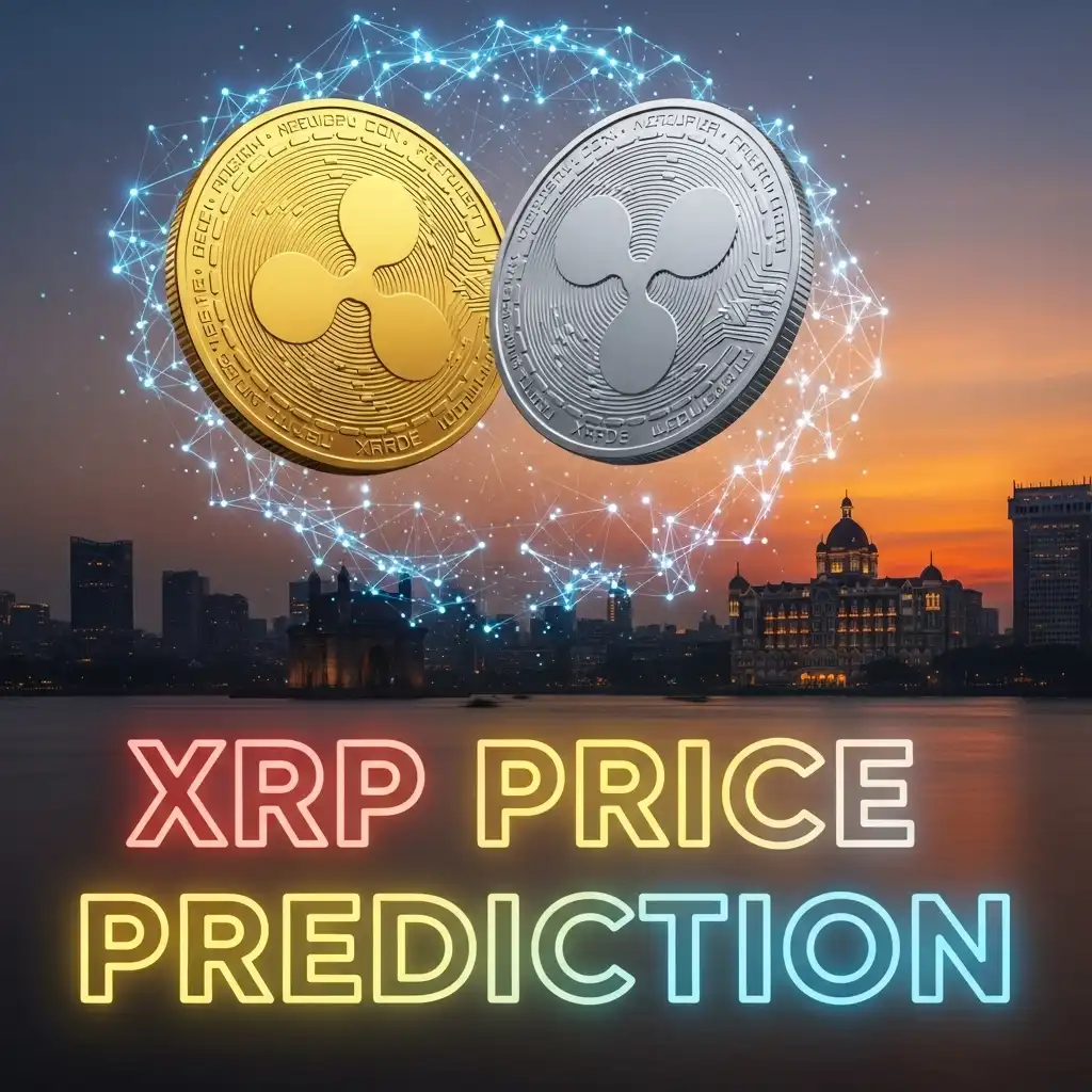 XRP Price Prediction in Bold Letters Over Blockchain Network with Mumbai Skyline