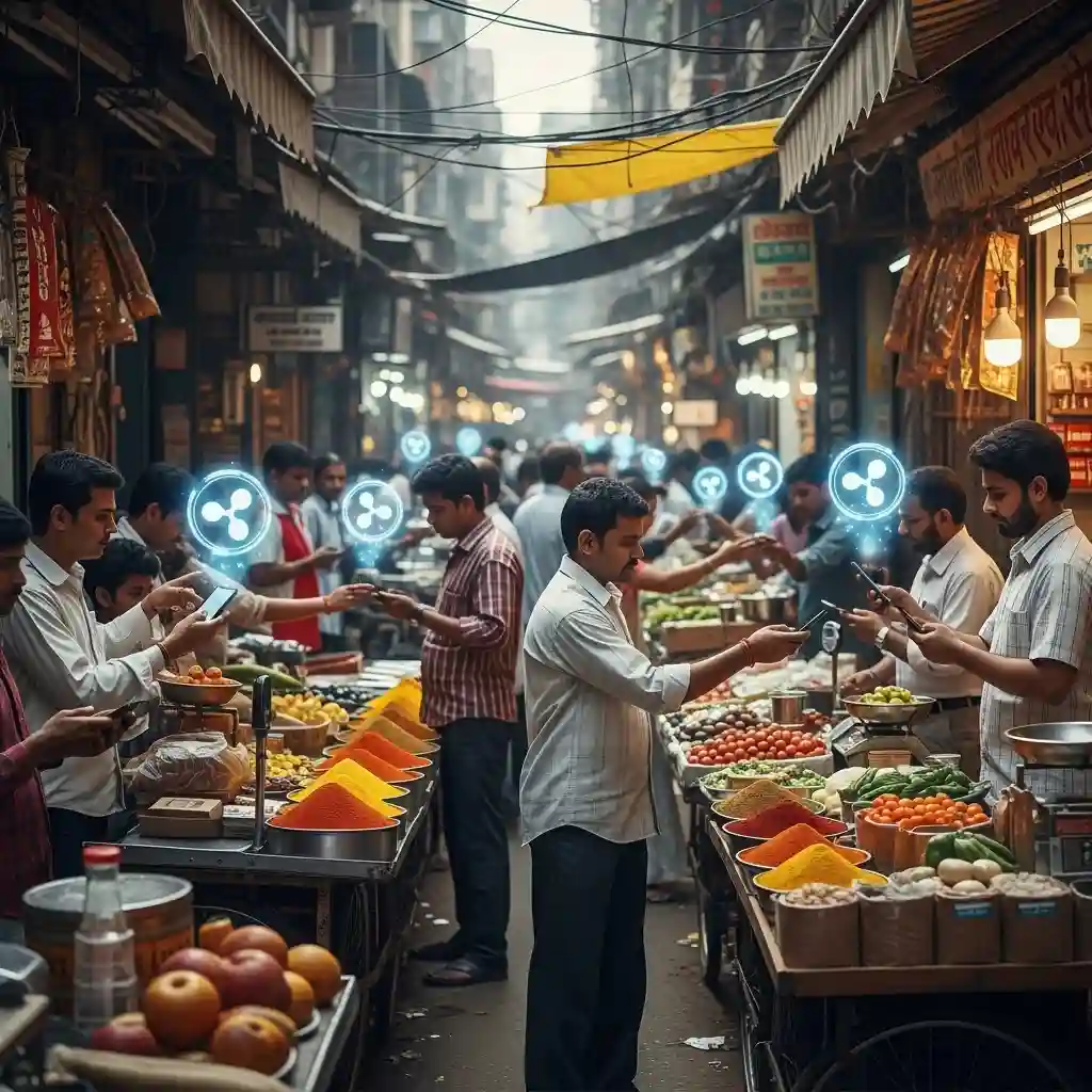 XRP Price Prediction in Bold Letters Over Blockchain Network with Mumbai Skyline