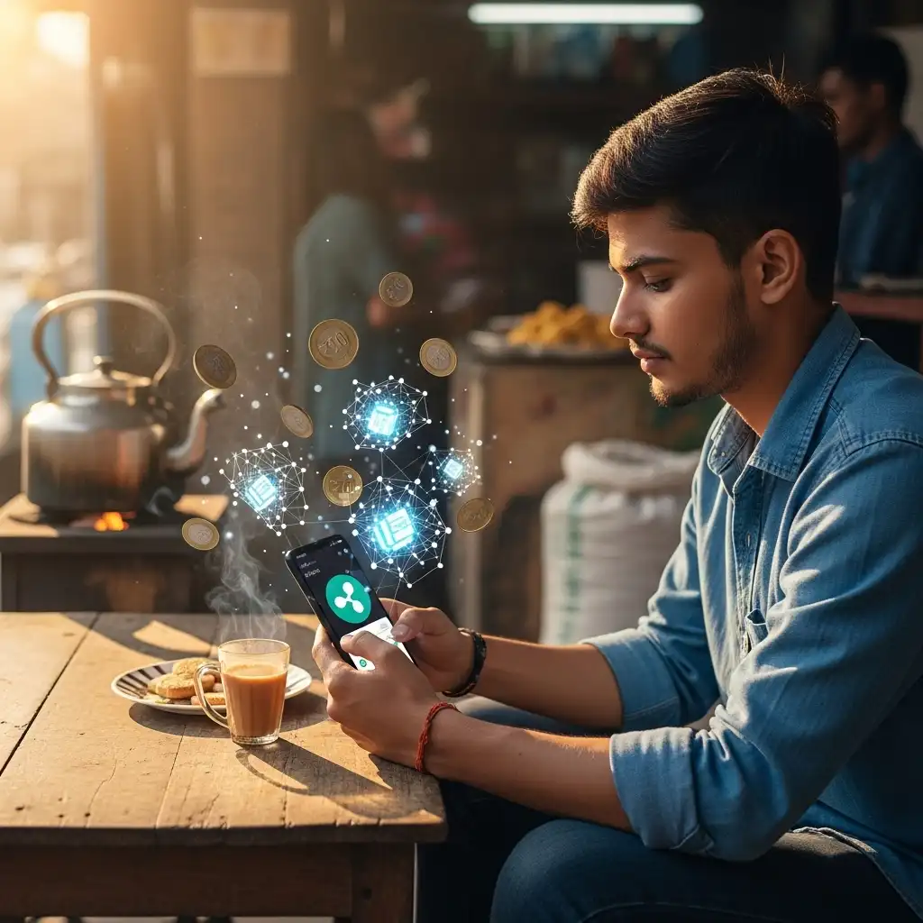 XRP Price Prediction in Bold Letters Over Blockchain Network with Mumbai Skyline