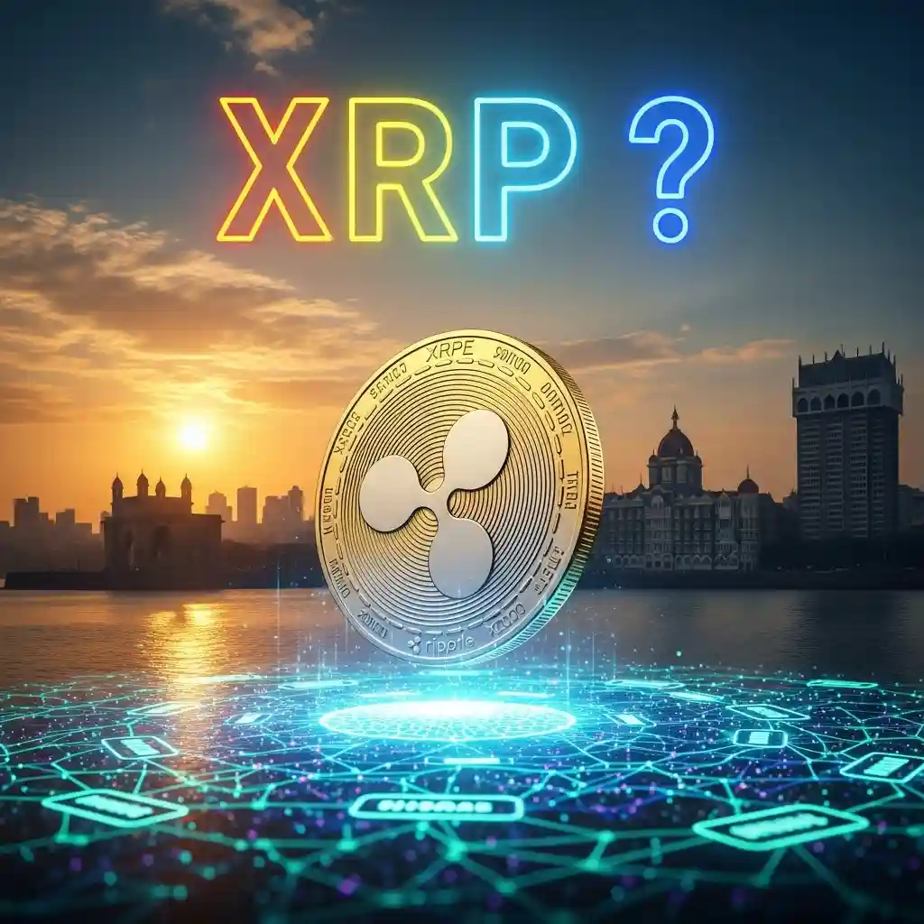 XRP Price Prediction in Bold Letters Over Blockchain Network with Mumbai Skyline